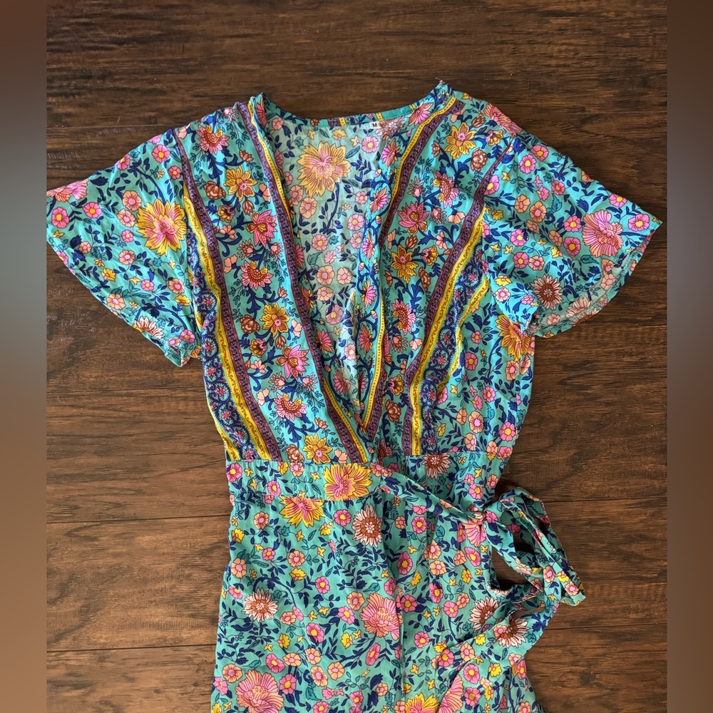 Boho, Floral Print, Summer, Spring Green, Blue, yellow Rockabilly, Cowgirl Dress - Picture 9 of 9